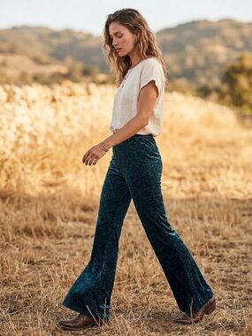 Wrangler Western Boho Teal Crushed Velvet Flare Pants Damask Bell Bottoms Small